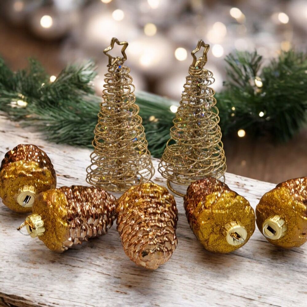 5 Acorn Glitter Glass Ornaments 2 Crate & Barrel Placecard Christmas Tree Holder